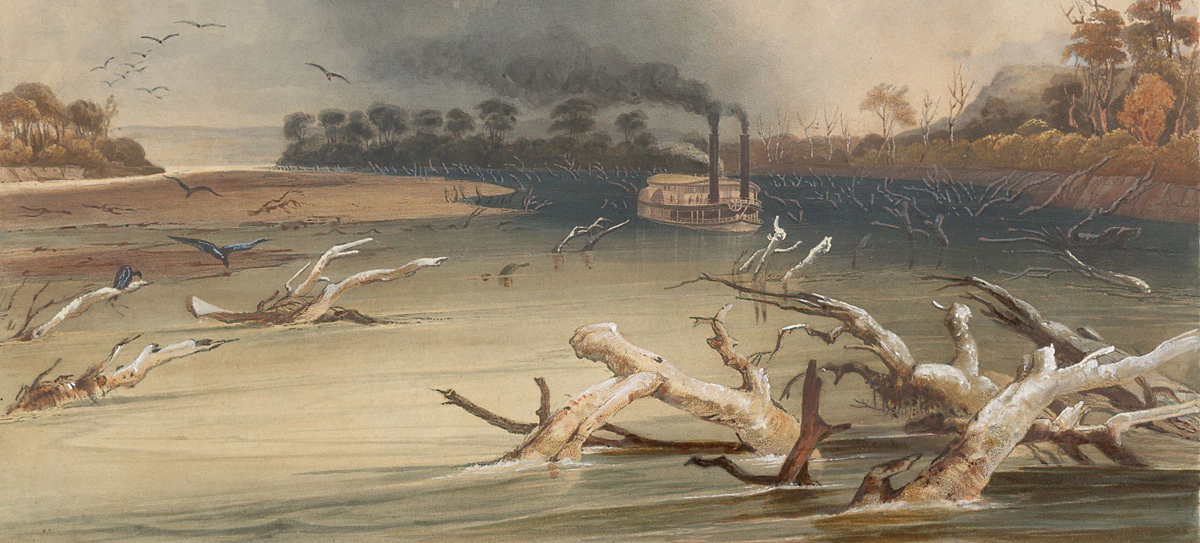 Karl Bodmer ainting of the Missouri River full of river hazards