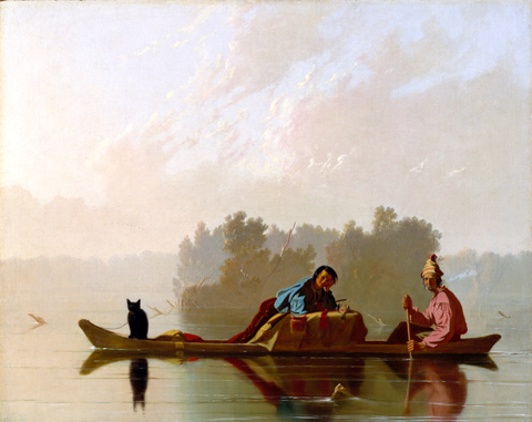Historic painting of a small dugout canoe