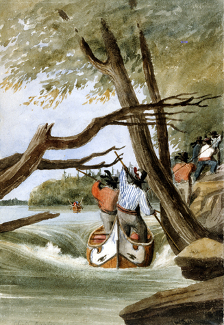 Historic painting pulling a birch bark canoe up a rapid