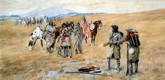 Painting of an Indian hugging Lewis while a small band of others watch