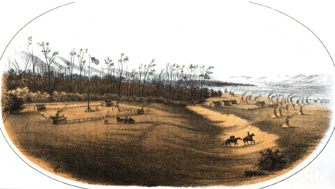 Historic drawing of a small settlement of log cabins and Indian teepees