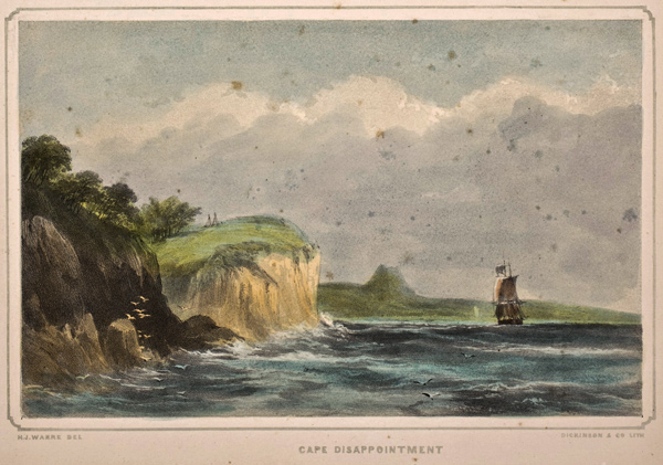 Watercolor of a high cliff before a river entering the ocean