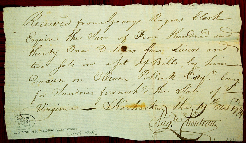 Handwritten note signed by August Chouteau