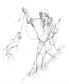 Sketch of a man catching a large fish with a pole and line