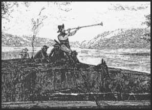 Historic sketch of a hunter blowing a straight and long boatman's horn