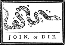 Snake cut into pieces, one for each colony, and the words Join or Die