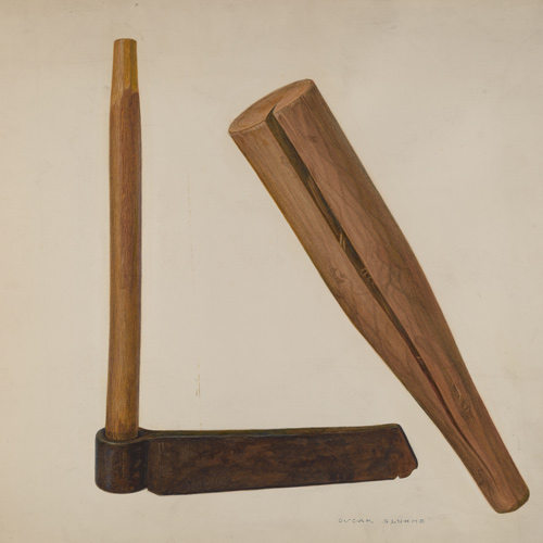 a long rectangular blade perpendicular to its handle