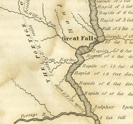 hand-drawn historic map of the Great Falls and Portage Route