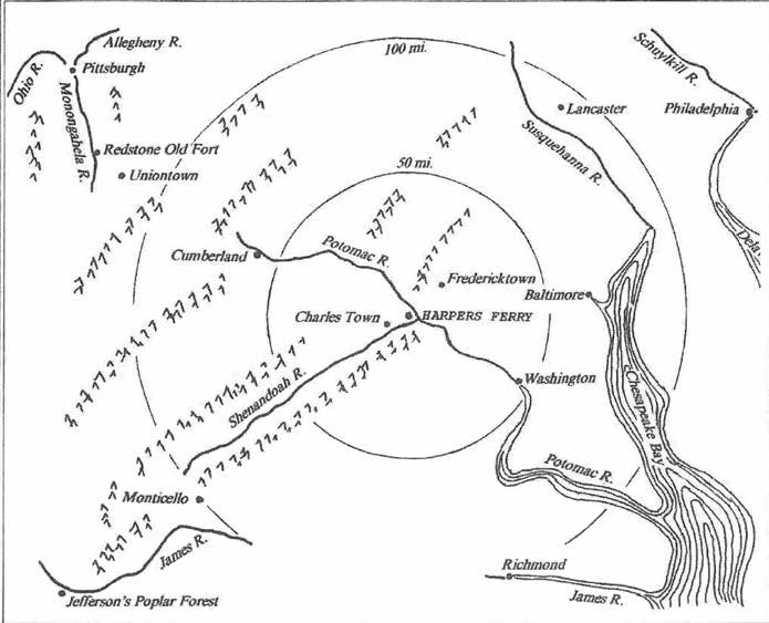 Map showing Harpers Ferry centered between Pittsburgh, Washington City, and Philadelphia