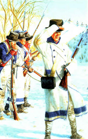 Painting of soldiers in wool coats in the snow