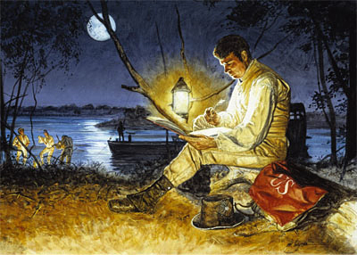 Painting of Ordway writing by lantern light with the barge in the background