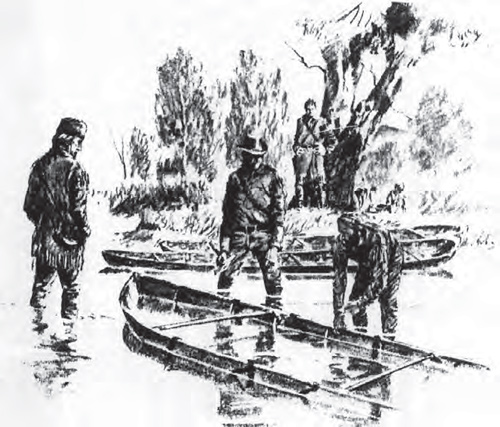 Three men watch a canoe nearly full of water