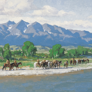 Clark and men lead several horses on the rocky shore