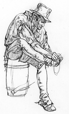 A soldier in patched clothing sews on the moccasin he is wearing