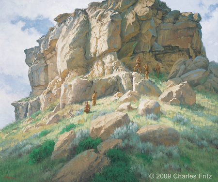 Large sandstone monolith with Sacagawea and Clark