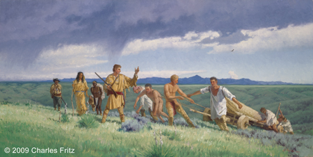 Men start the final leg by pulling and pushing a large dugout up a hill