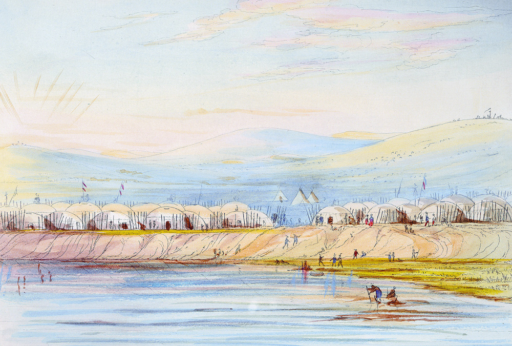 Historic painting of a earthen lodges on the river bank