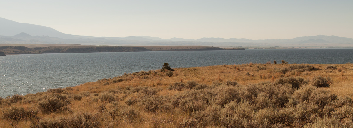 Sagebrush shores with mountains in the background