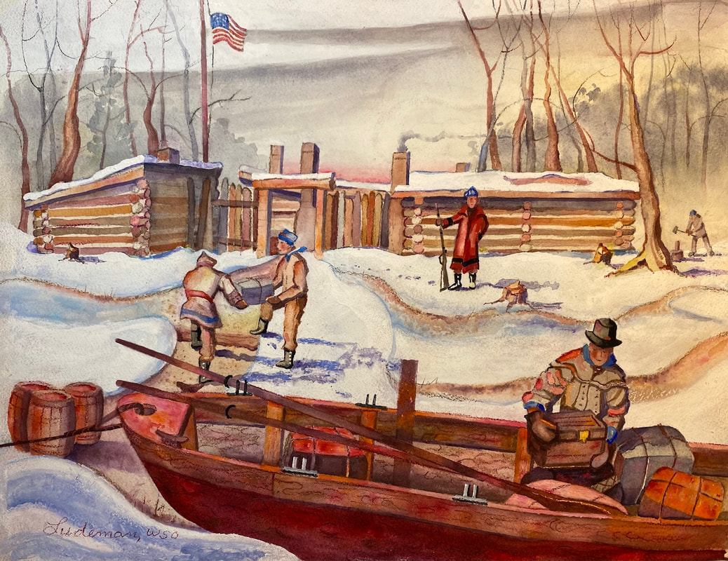 snow covers the fort and ground as men unload a large red dugout canoe