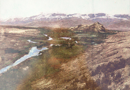 Painting showing small streams and snow peak mountains