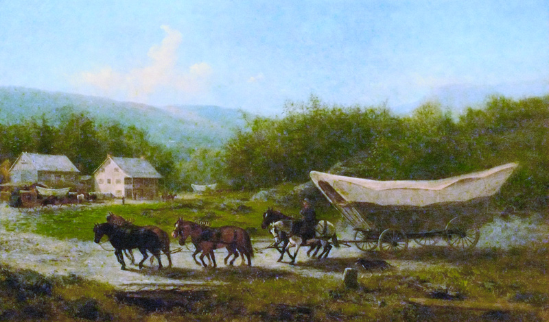 romantic painting scene of a large Conestoga wagon pulled by six horses