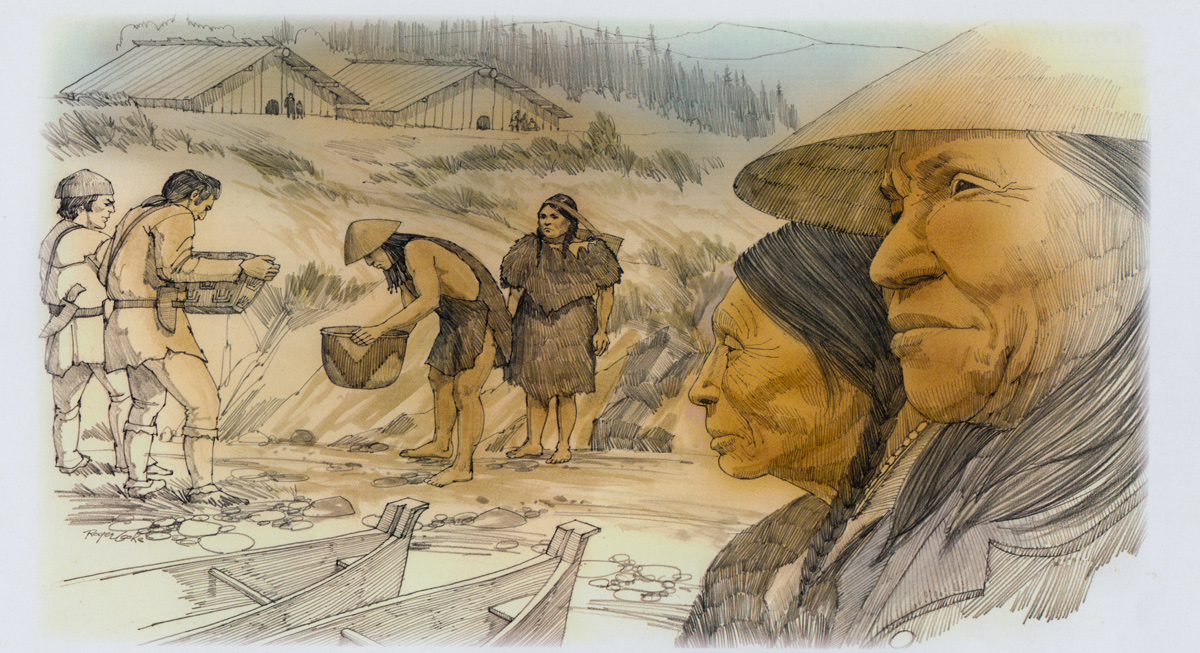 Watkala Indians wearing conic hats show Lewis and Clark their woven baskets
