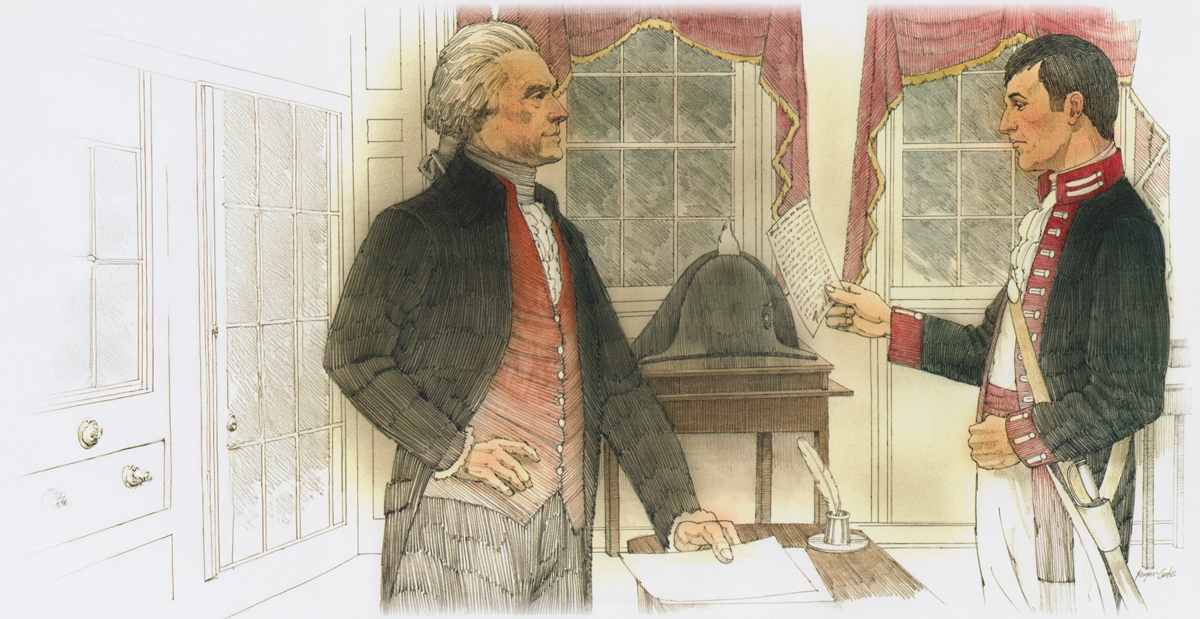 President Jefferson hands Meriwether Lewis his written instructions