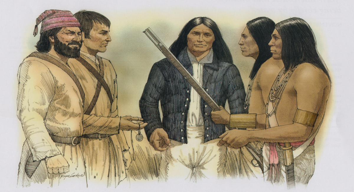 Chinookan men with a sailor jacket, musket, sword, and European trade beads