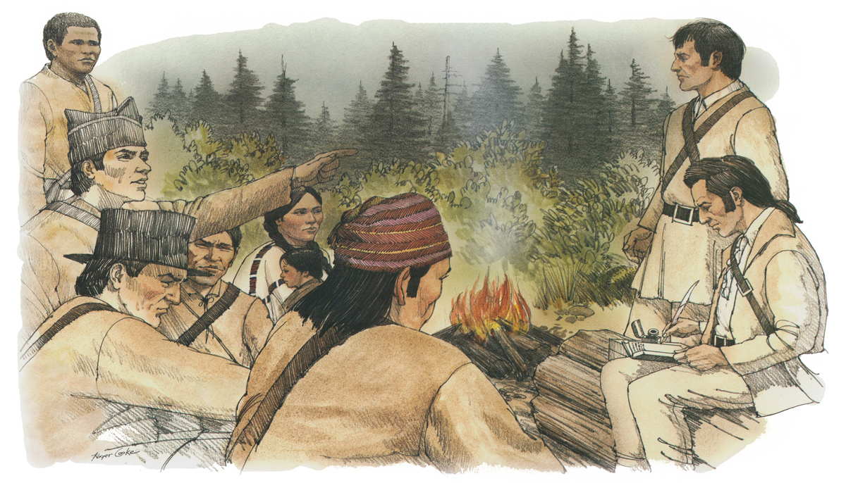 Painting showing the group having a discussion while Clark takes notes