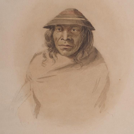 Indian wrapped in a blanket wearing a Chinookan hat