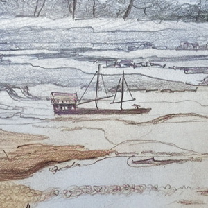 The barge threads the narrow rocky channel of the Falls of the Ohio