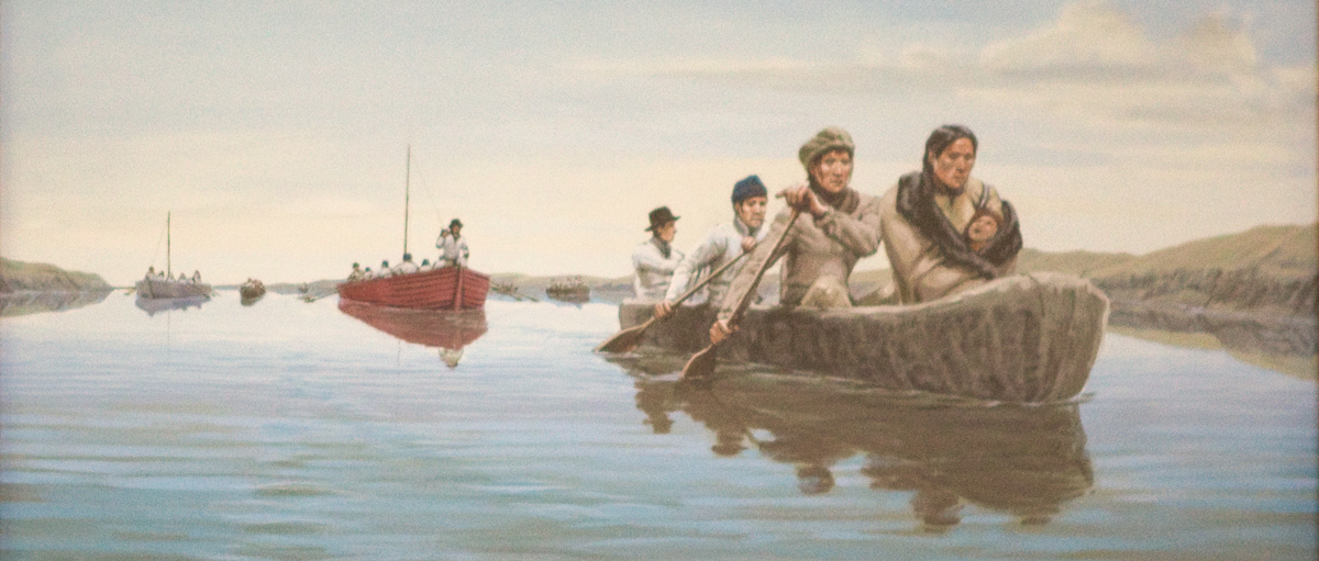 Painting of a dugout canoe leading a red pirogue