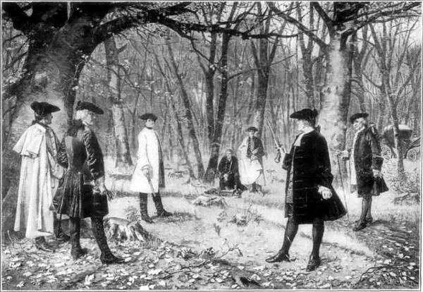 A group of colonial men, two holding pistols