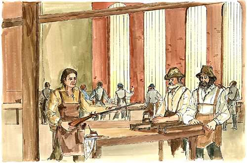 Illustration of gunsmiths working in a large Harpers Ferry shop