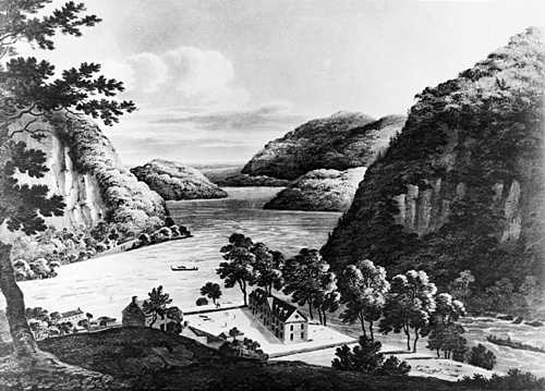 Old sketch of a deep valley with the Harpers Ferry settlement near the river