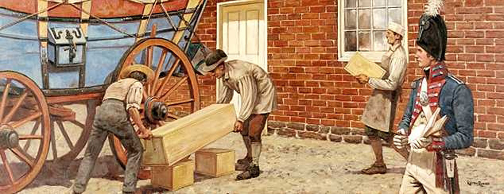 Lewis watches two men load a large wagon with boxes and crates