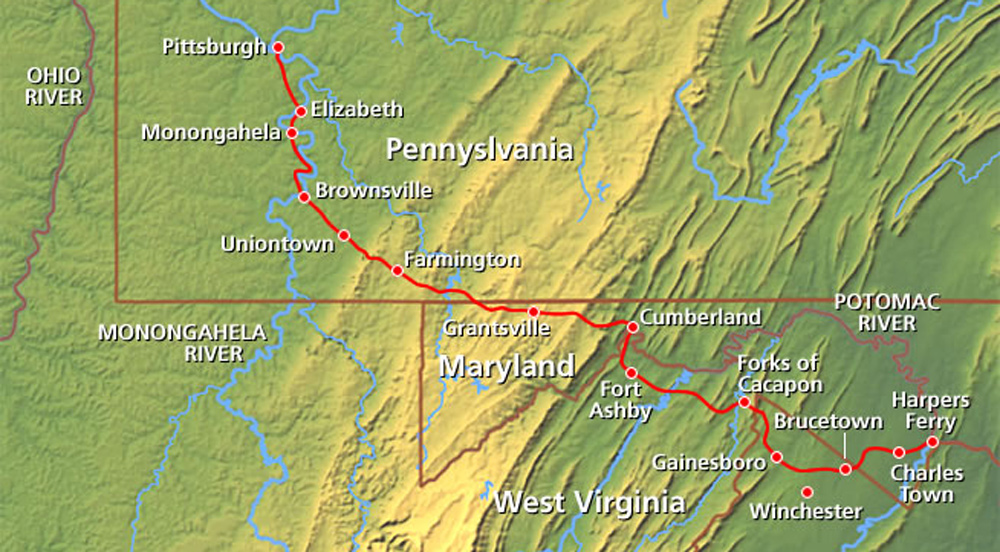 Map of Lewis's route between Harpers Ferry and Pittsburgh