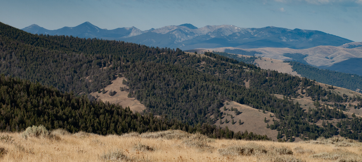 Rolling hills with short grass and distant tall mountains