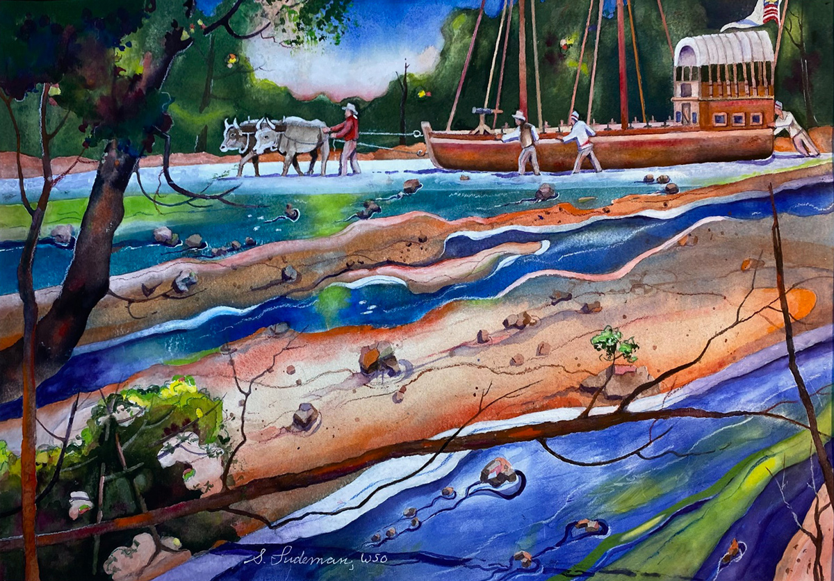 watercolor painting of oxen and men pulling the barge through a shallow Ohio River