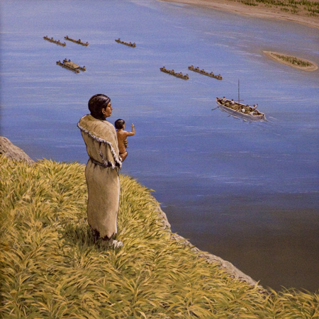 Sacagawea and her son watch the Corps paddle away