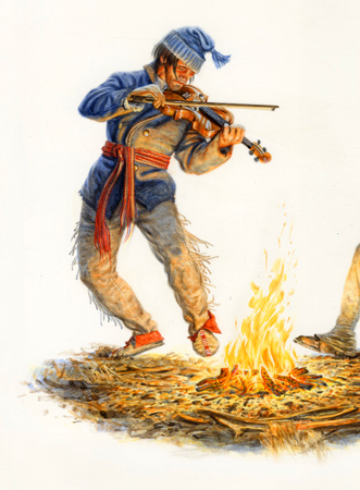 A Metis man plays the fiddle by a campfire