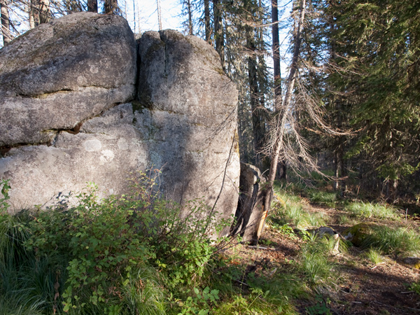 Large grey rock on the side of the trail
