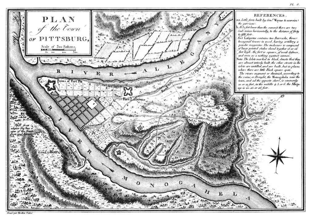 Early engraved map showing a square Fort Fayette just outside of the 1795 town of Pittsburgh