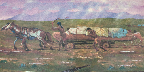 Painting of men pushing and horses pulling a dugout canoe over the plain