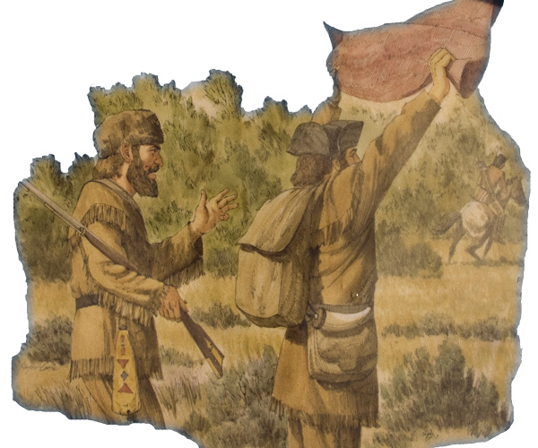 Interpretive painting of Lewis waving a red blanket as a Lemhi Shoshone flees