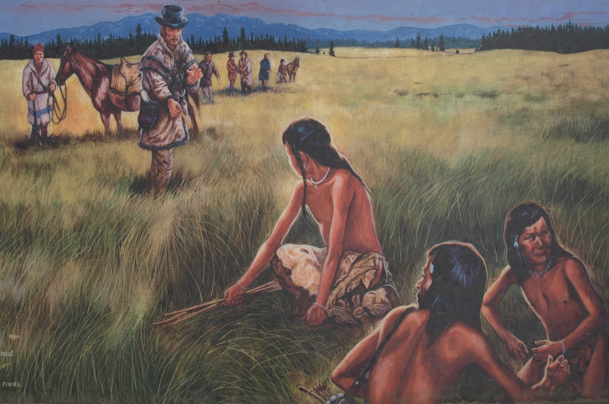 Clark approaches three Indian boys in a meadow at Weippe Prairie