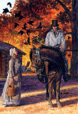 A woman greets Lewis who is on his horse