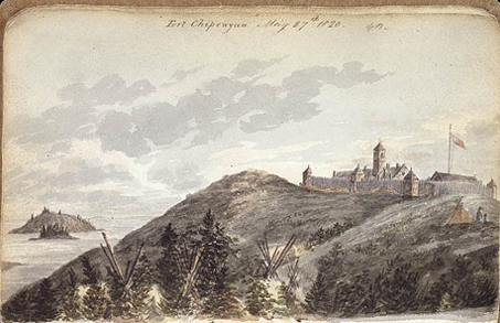 historic etching of a fort on a high bank
