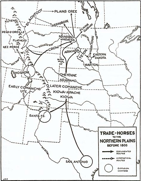 The map shows horses moving from the central south and then branching east and west