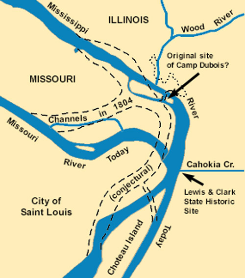 Map comparing Missouri-Mississippi confluence, 1804 and today